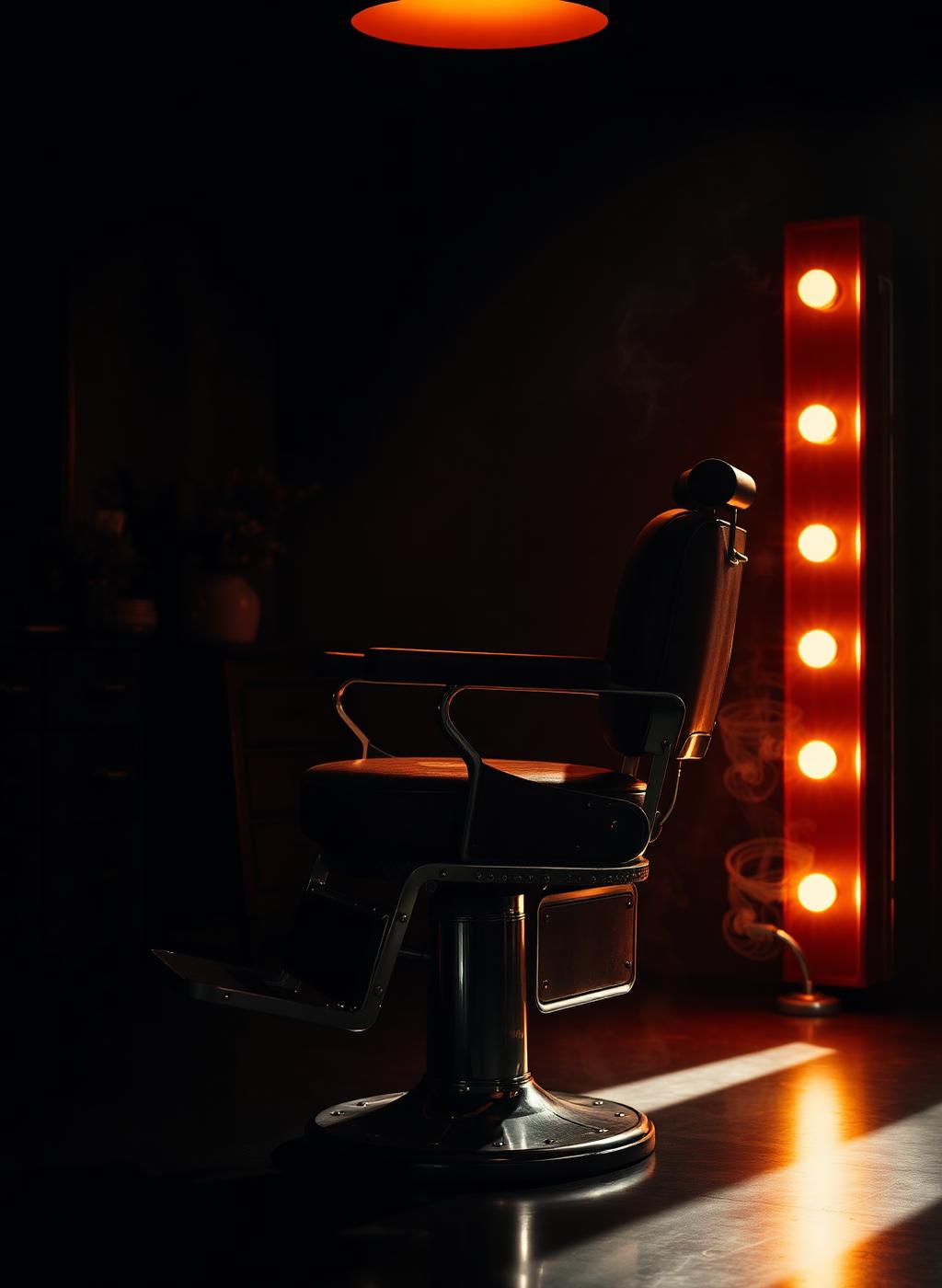 Scaun de barber sub lumină caldă